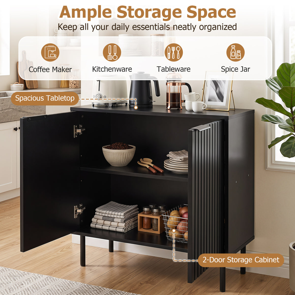 Fluted Buffet Cabinet with 2-Door Sideboard for Kitchen and Dining Room-Black