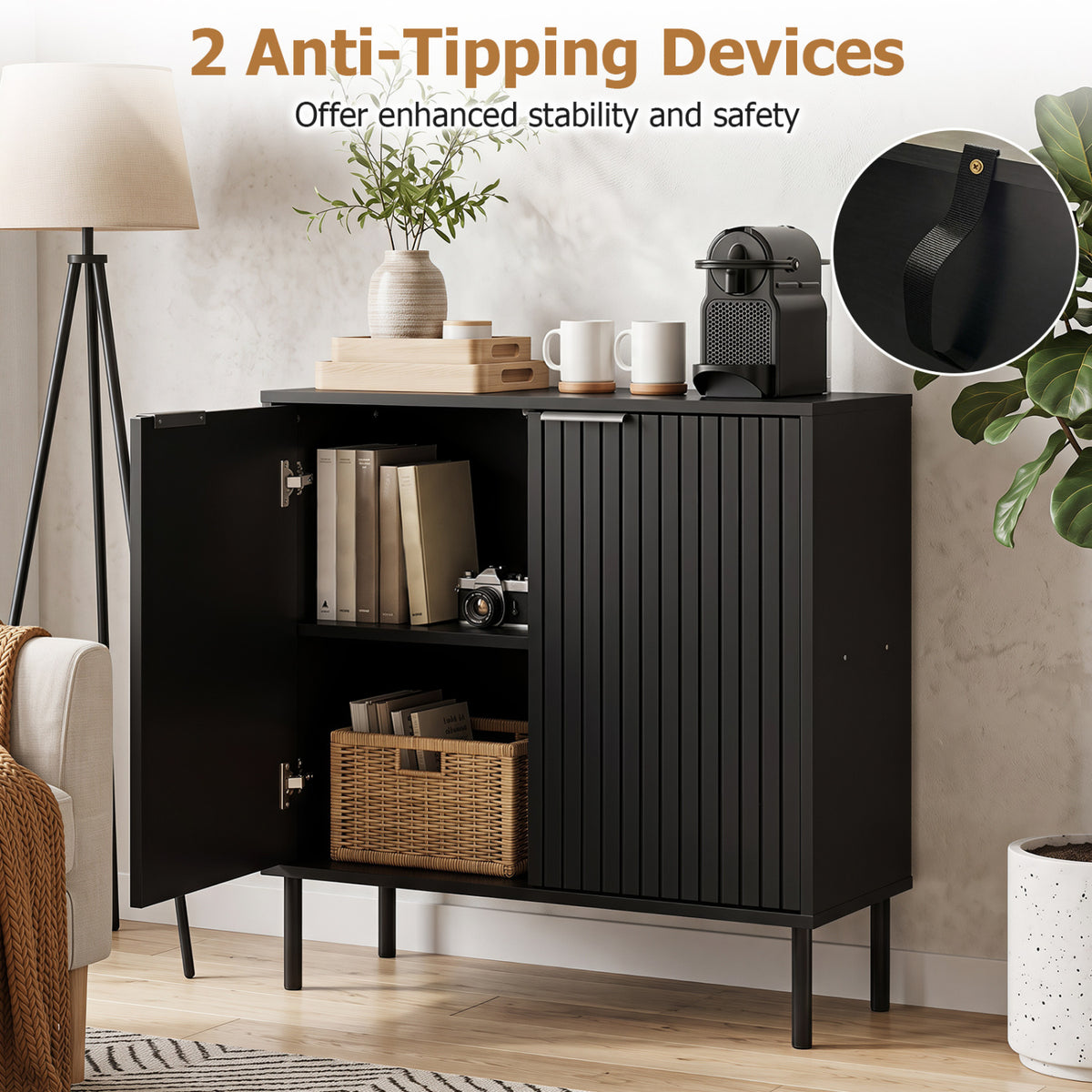 Fluted Buffet Cabinet with 2-Door Sideboard for Kitchen and Dining Room-Black