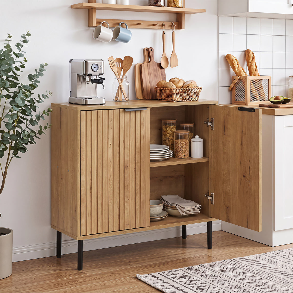 Fluted Buffet Cabinet with 2-Door Sideboard for Kitchen and Dining Room-Oak