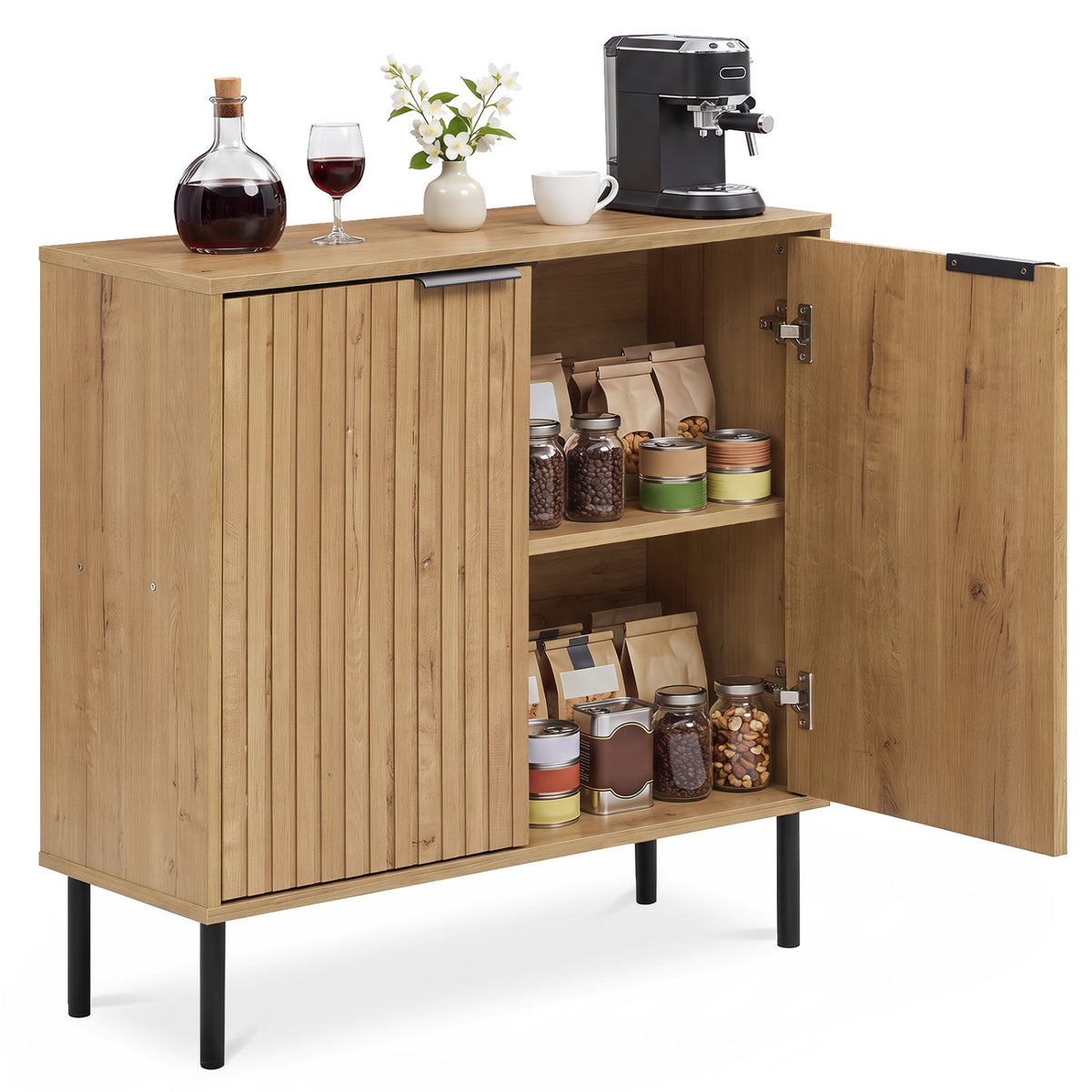 Fluted Buffet Cabinet with 2-Door Sideboard for Kitchen and Dining Room-Oak