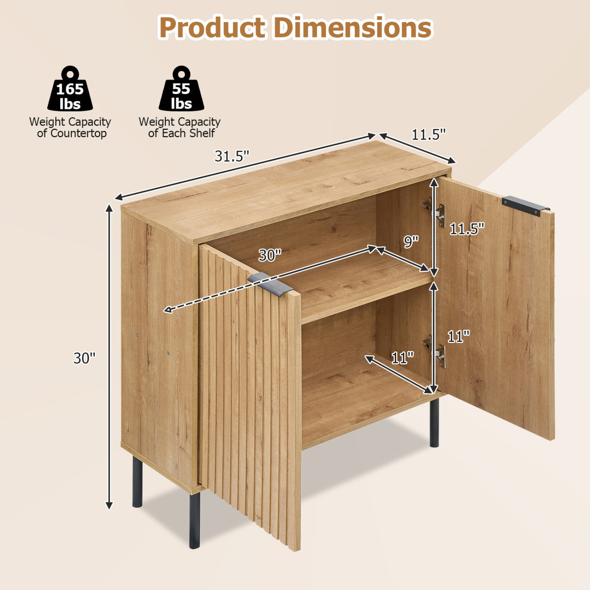 Fluted Buffet Cabinet with 2-Door Sideboard for Kitchen and Dining Room-Oak