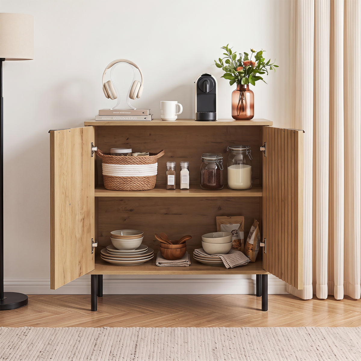 Fluted Buffet Cabinet with 2-Door Sideboard for Kitchen and Dining Room-Oak