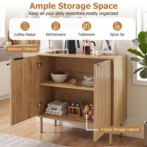 Fluted Buffet Cabinet with 2-Door Sideboard for Kitchen and Dining Room-Oak
