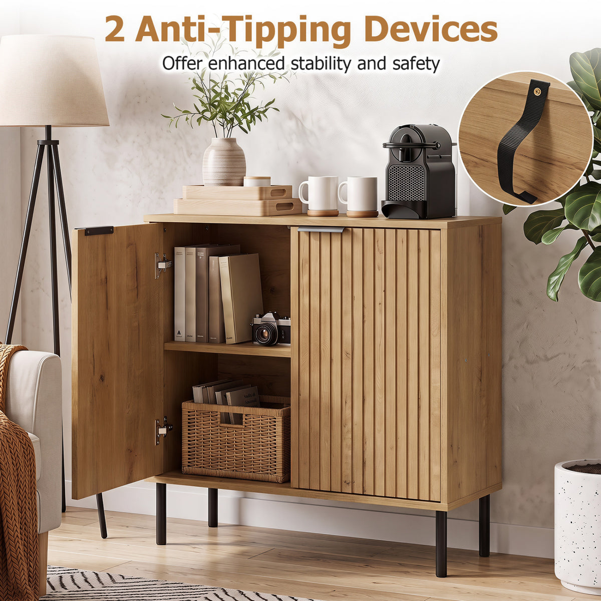 Fluted Buffet Cabinet with 2-Door Sideboard for Kitchen and Dining Room-Oak