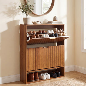 Fluted Hidden Shoe Cabinet with 2 Flip Drawers and Open Storage-Walnut