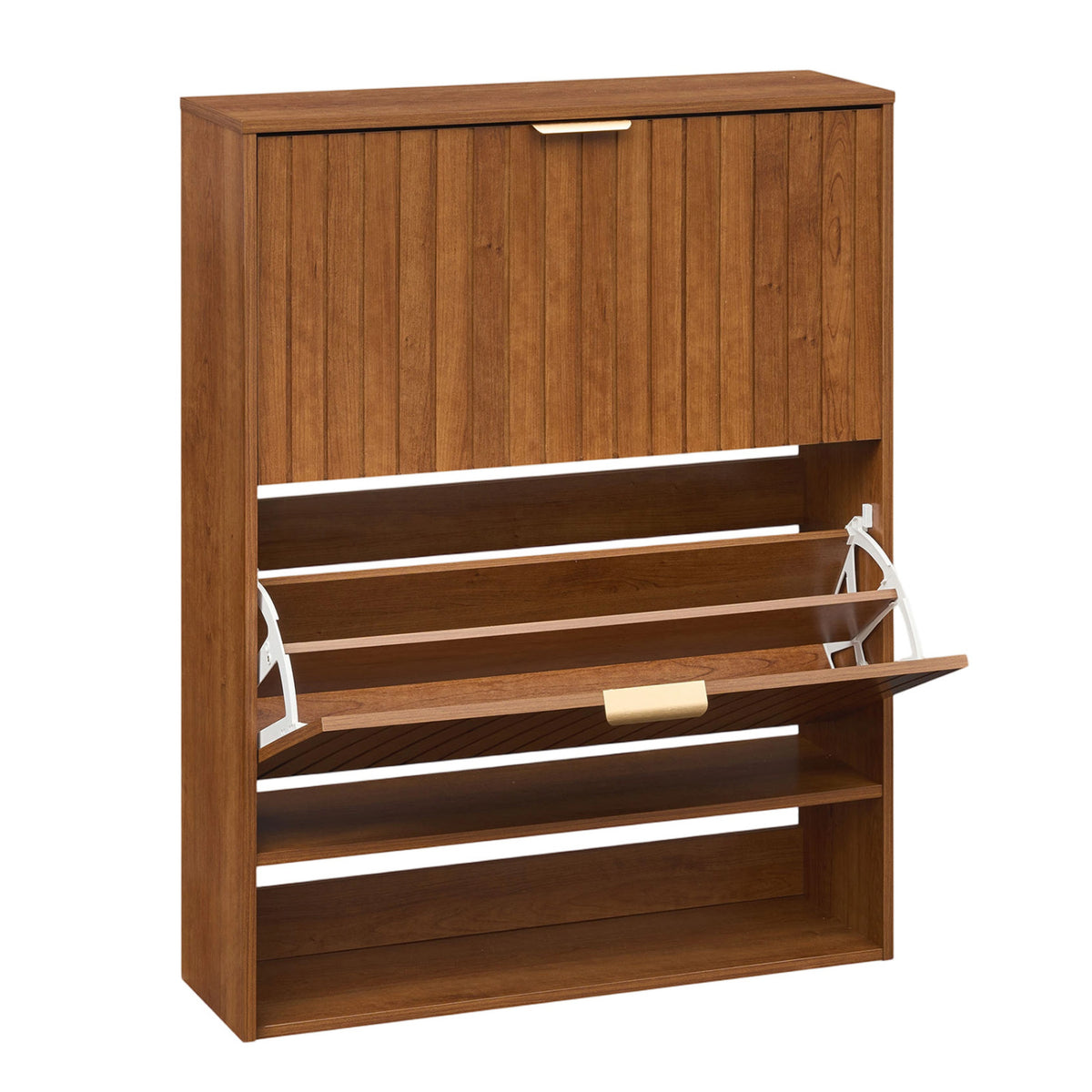 Fluted Hidden Shoe Cabinet with 2 Flip Drawers and Open Storage-Walnut