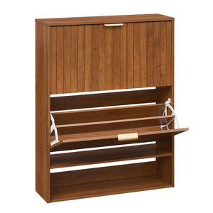 Fluted Hidden Shoe Cabinet with 2 Flip Drawers and Open Storage-Walnut