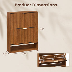 Fluted Hidden Shoe Cabinet with 2 Flip Drawers and Open Storage-Walnut