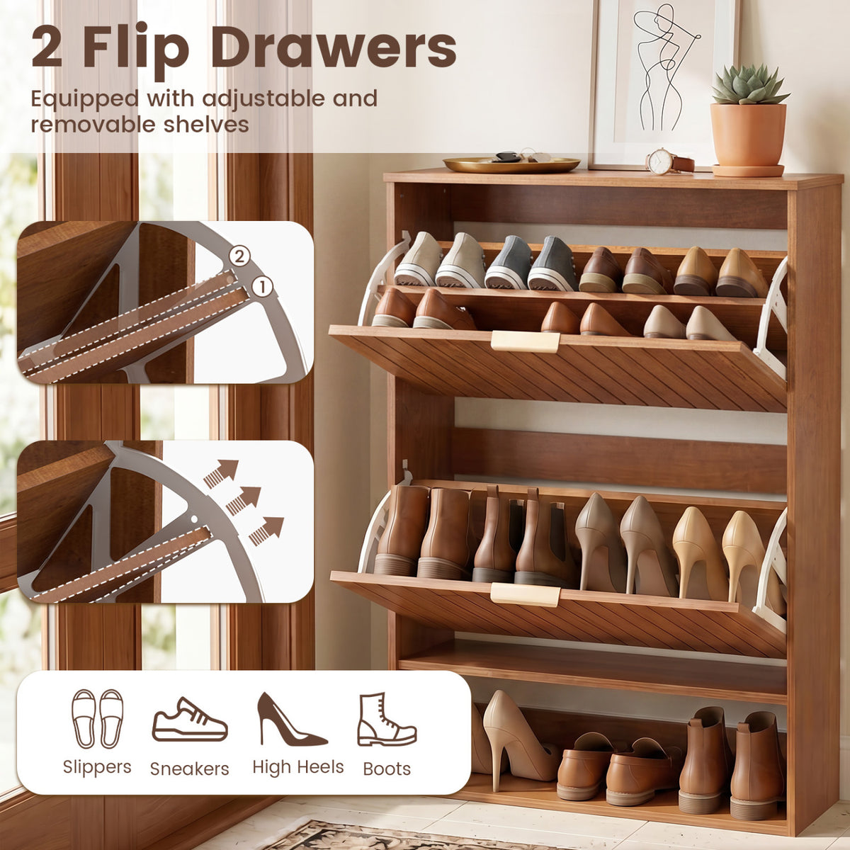 Fluted Hidden Shoe Cabinet with 2 Flip Drawers and Open Storage-Walnut