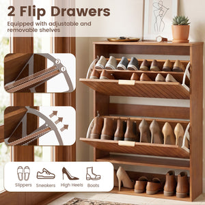 Fluted Hidden Shoe Cabinet with 2 Flip Drawers and Open Storage-Walnut