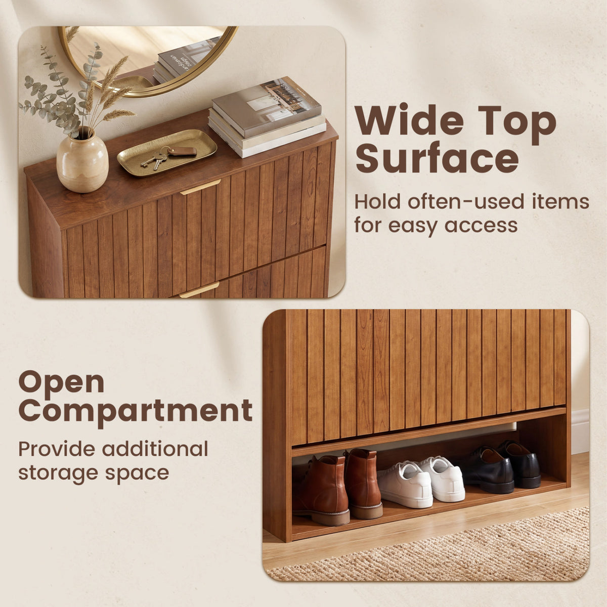 Fluted Hidden Shoe Cabinet with 2 Flip Drawers and Open Storage-Walnut
