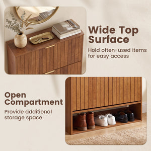 Fluted Hidden Shoe Cabinet with 2 Flip Drawers and Open Storage-Walnut