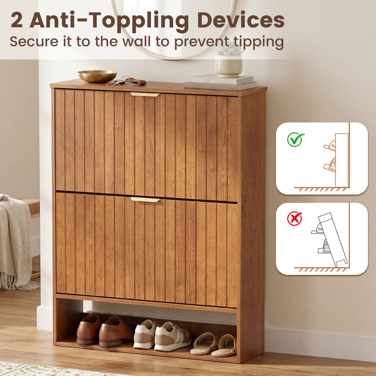 Fluted Hidden Shoe Cabinet with 2 Flip Drawers and Open Storage-Walnut