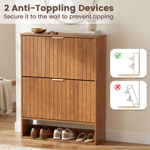 Fluted Hidden Shoe Cabinet with 2 Flip Drawers and Open Storage-Walnut