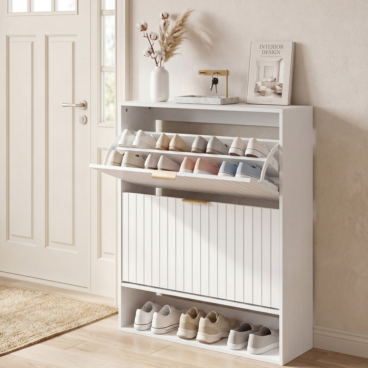 Fluted Hidden Shoe Cabinet with 2 Flip Drawers and Open Storage-White