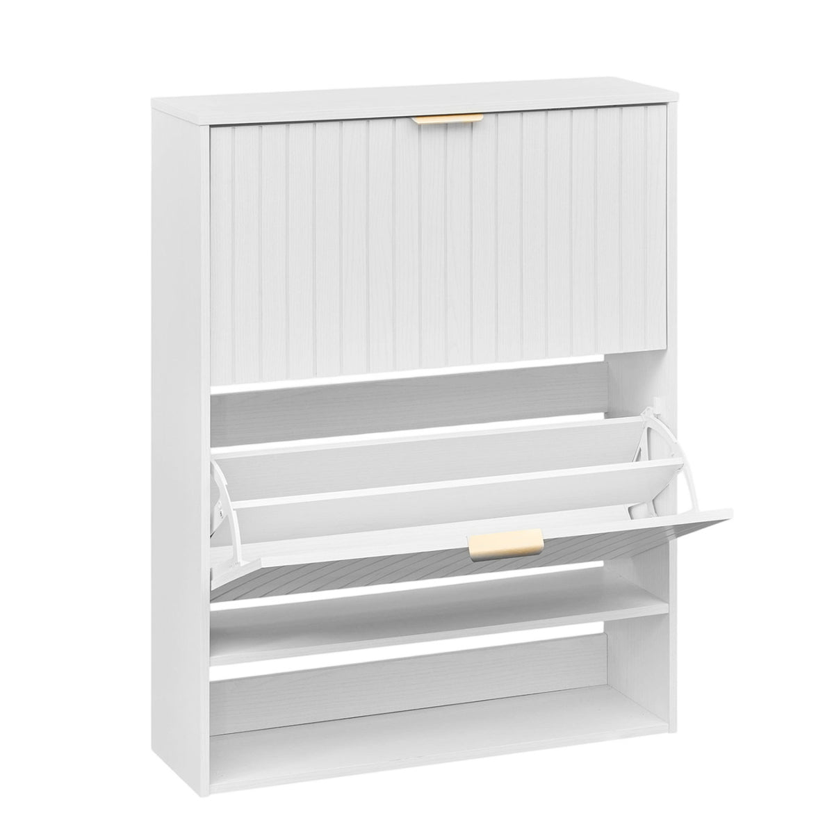 Fluted Hidden Shoe Cabinet with 2 Flip Drawers and Open Storage-White