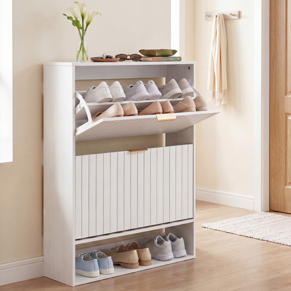Fluted Hidden Shoe Cabinet with 2 Flip Drawers and Open Storage-White