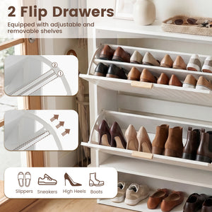 Fluted Hidden Shoe Cabinet with 2 Flip Drawers and Open Storage-White