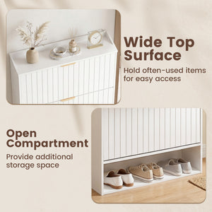 Fluted Hidden Shoe Cabinet with 2 Flip Drawers and Open Storage-White
