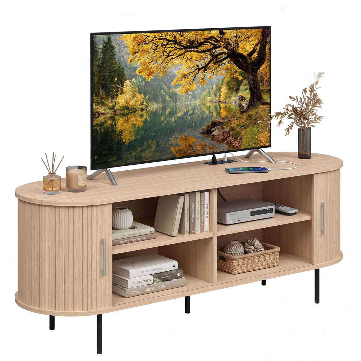 Fluted TV Stand for TVs up to 60" Mid Century Curved Entertainment Center-Natural