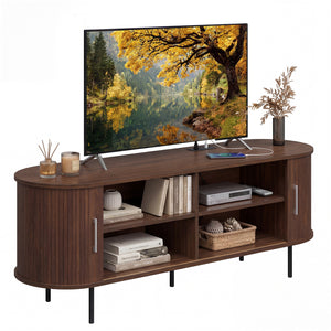 Fluted TV Stand for TVs up to 60" Mid Century Curved Entertainment Center-Walnut