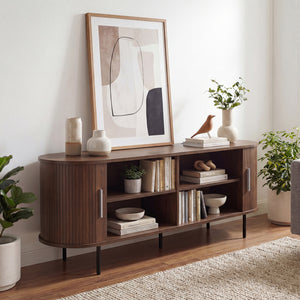 Fluted TV Stand for TVs up to 60" Mid Century Curved Entertainment Center-Walnut