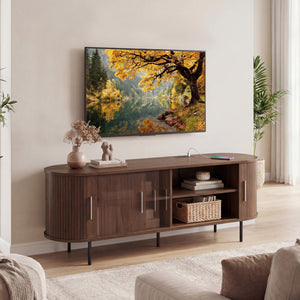 Fluted TV Stand for TVs up to 60" Mid Century Curved Entertainment Center-Walnut
