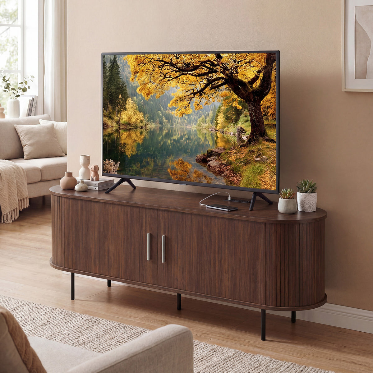 Fluted TV Stand for TVs up to 60" Mid Century Curved Entertainment Center-Walnut