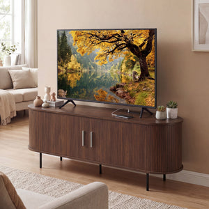 Fluted TV Stand for TVs up to 60" Mid Century Curved Entertainment Center-Walnut
