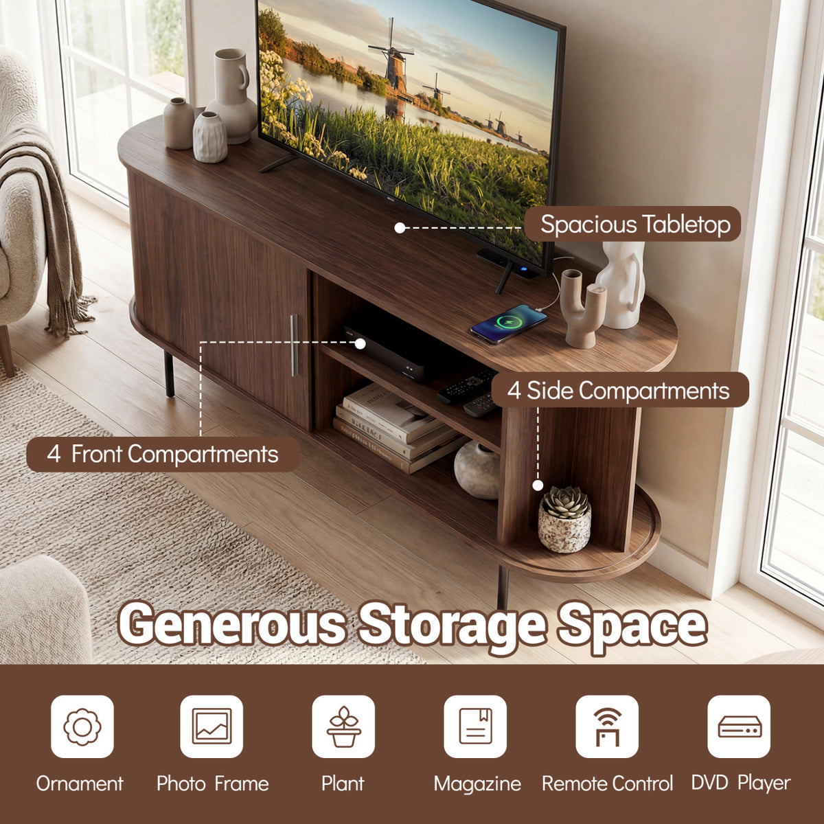 Fluted TV Stand for TVs up to 60" Mid Century Curved Entertainment Center-Walnut
