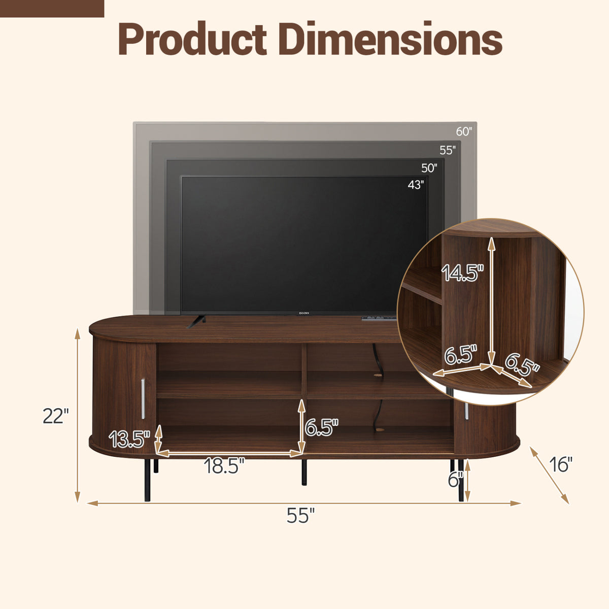 Fluted TV Stand for TVs up to 60" Mid Century Curved Entertainment Center-Walnut