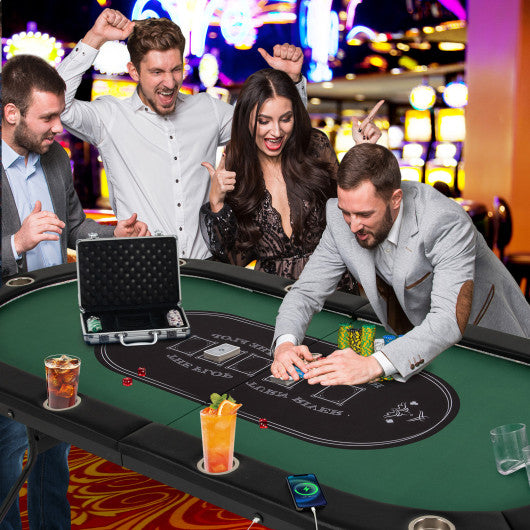 Foldable 10-Player Poker Table with LED Lights and USB Ports Ideal for Texas Casino-Green