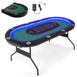 Foldable 10-Player Poker Table with LED Lights and USB Ports Ideal for Texas Casino-Green
