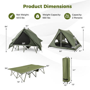 Foldable 2-Person Camping Cot Tent with Pop-up Tent Shelter and Portable Wheeled Bag-Green