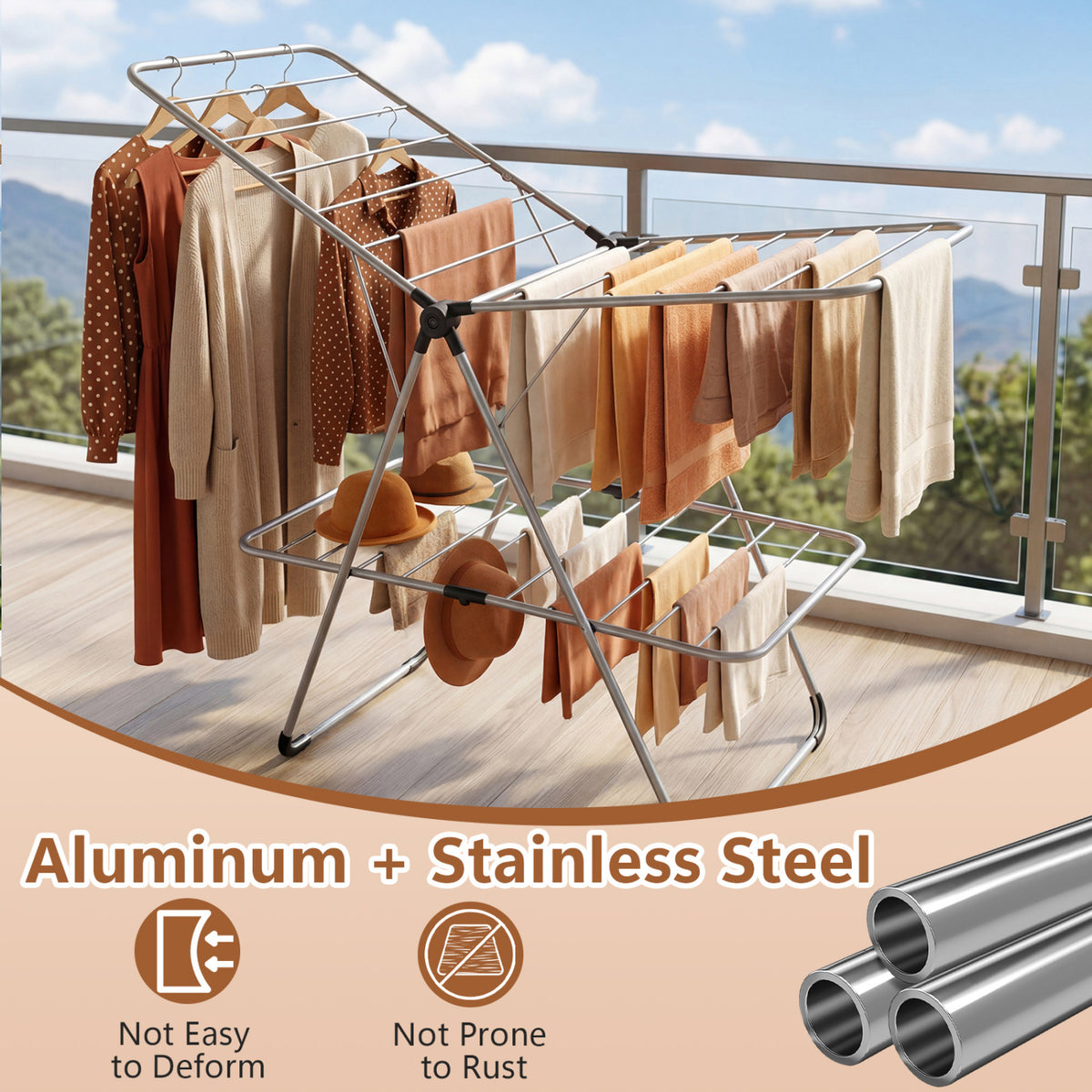 Foldable 2-Tier Clothes Drying Rack Heavy-Duty Aluminum Stainless Steel Laundry Airer
