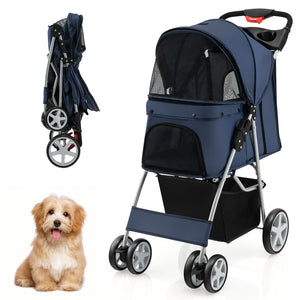 Folding Pet Stroller with Storage Basket and Adjustable Canopy-Navy