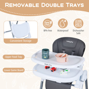 Foldable Baby High Chair with Adjustable Height and Relining Seat-Dark Gray