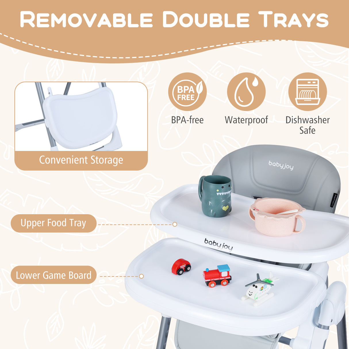Foldable Baby High Chair with Adjustable Height and Relining Seat-Light Gray