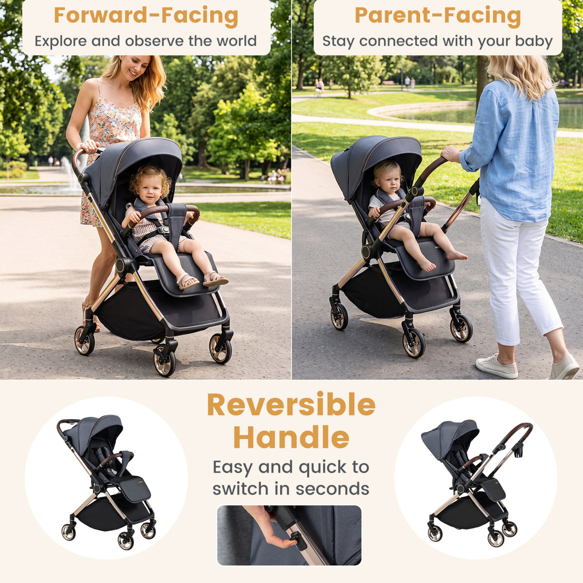 Foldable Baby Stroller with Reversible Handle-Gray