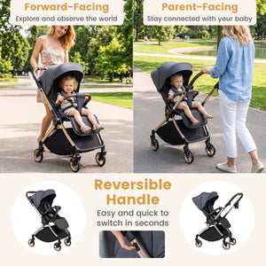 Foldable Baby Stroller with Reversible Handle-Gray
