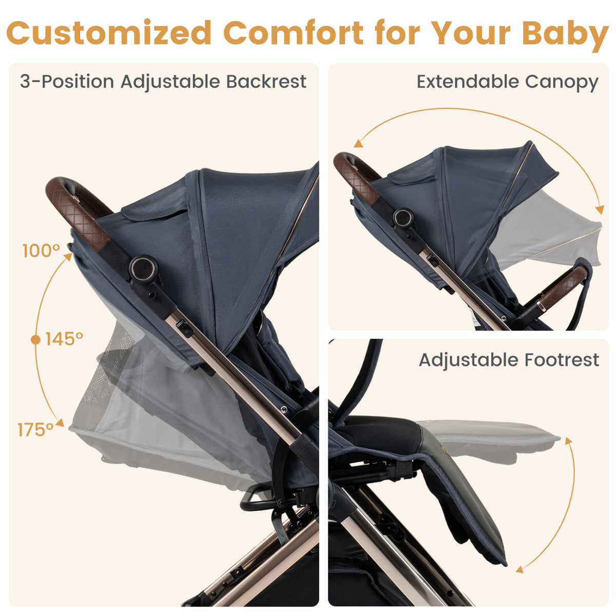 Foldable Baby Stroller with Reversible Handle-Gray