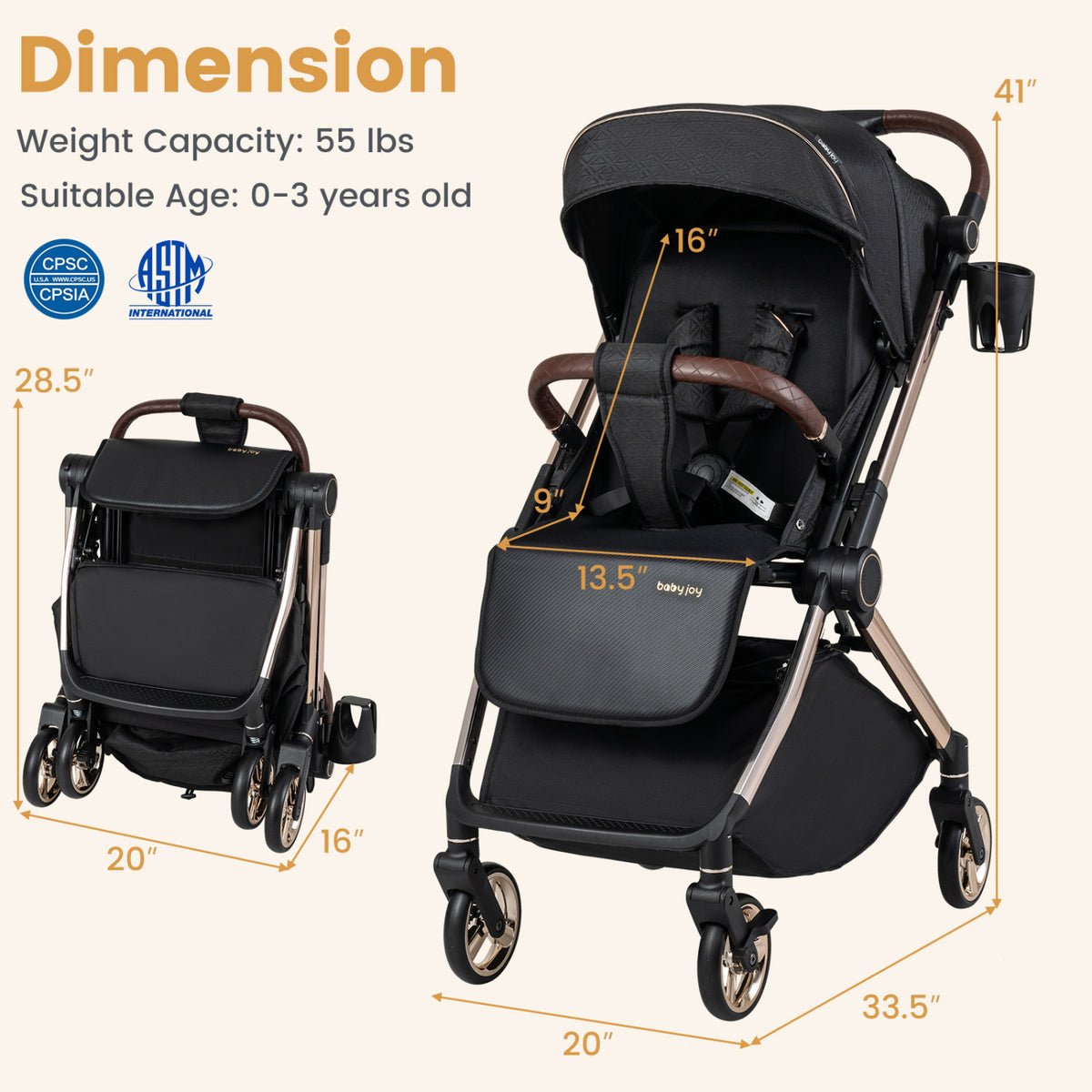 Foldable Baby Stroller with Reversible Handle-Black