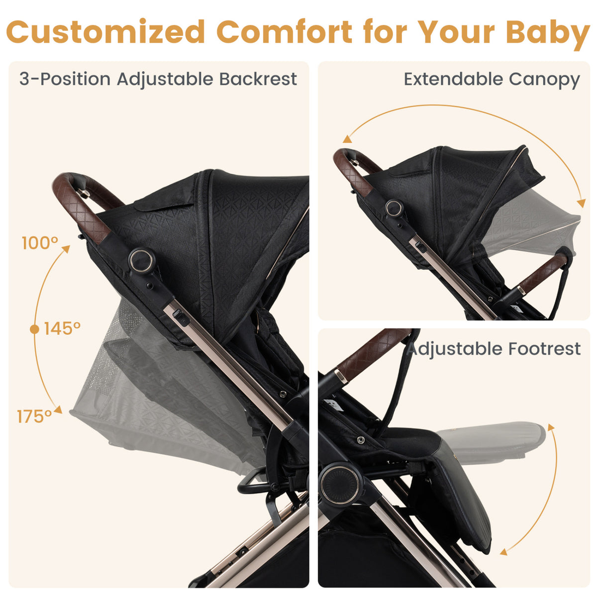 Foldable Baby Stroller with Reversible Handle-Black