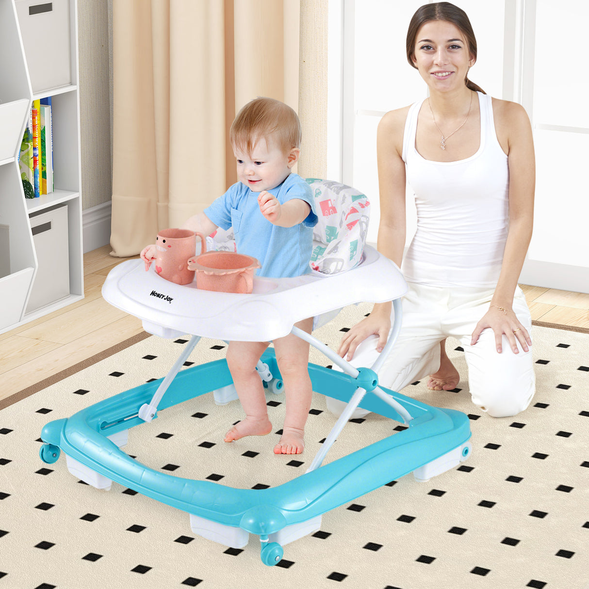 Foldable Baby Walker with 3 Adjustable Heights and Padded Seat-Green