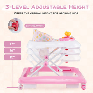 Foldable Baby Walker with 3 Adjustable Heights and Padded Seat-Pink