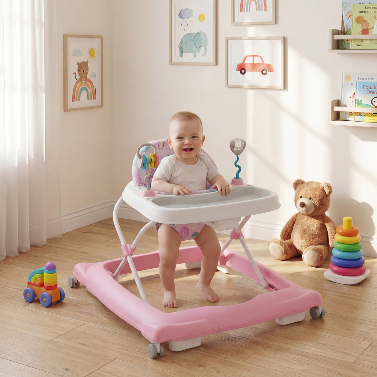 Foldable Baby Walker with Removable Seat and Adjustable Height for 6-12 Months-Pink