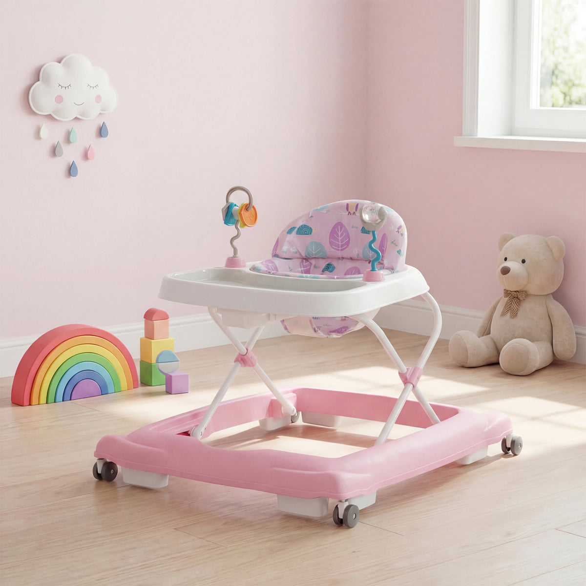 Foldable Baby Walker with Removable Seat and Adjustable Height for 6-12 Months-Pink