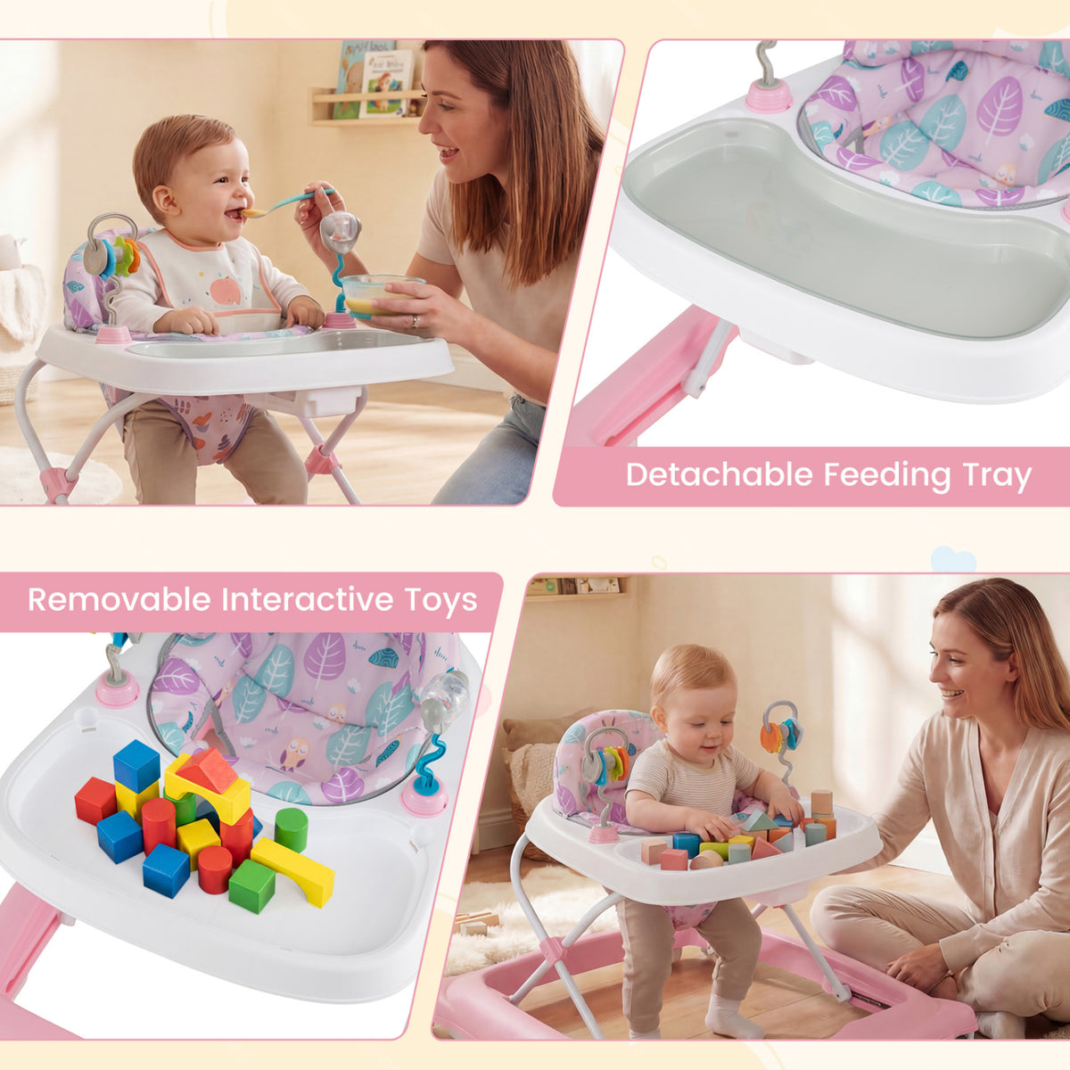 Foldable Baby Walker with Removable Seat and Adjustable Height for 6-12 Months-Pink