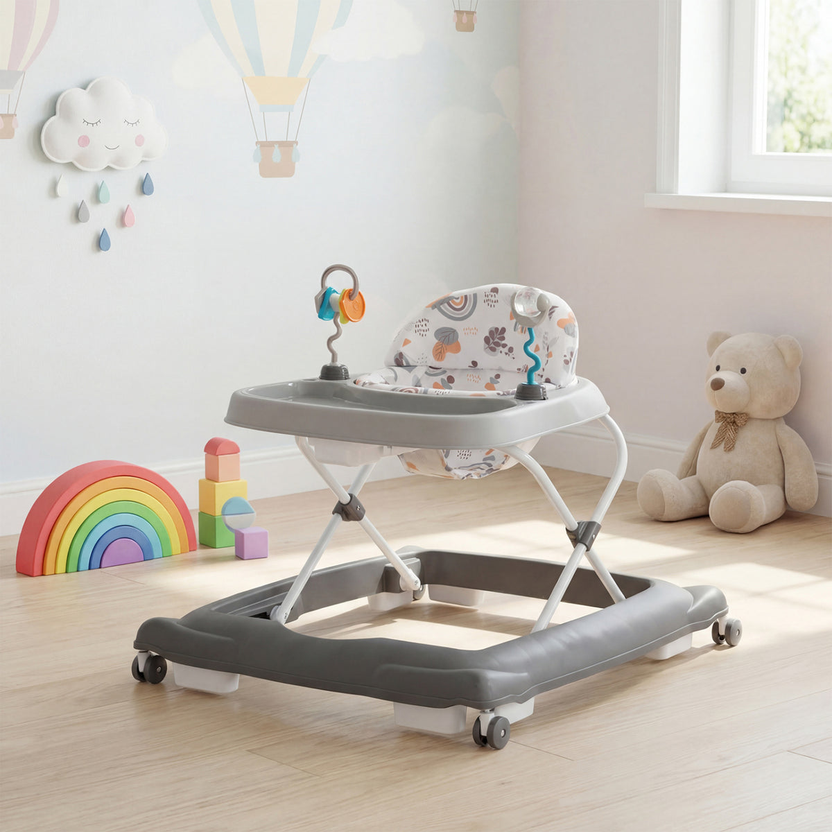 Foldable Baby Walker with Removable Seat and Adjustable Height for 6-12 Months-Gray