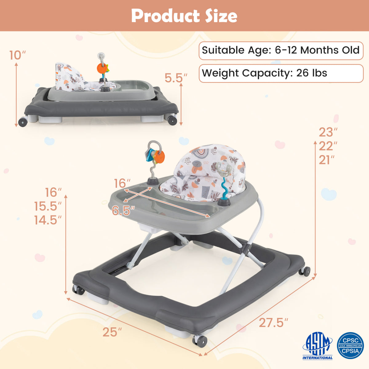 Foldable Baby Walker with Removable Seat and Adjustable Height for 6-12 Months-Gray